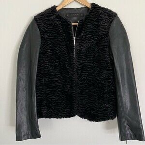 Zara Black Faux Fur and Vegan Leather Moto Jacket, Size S